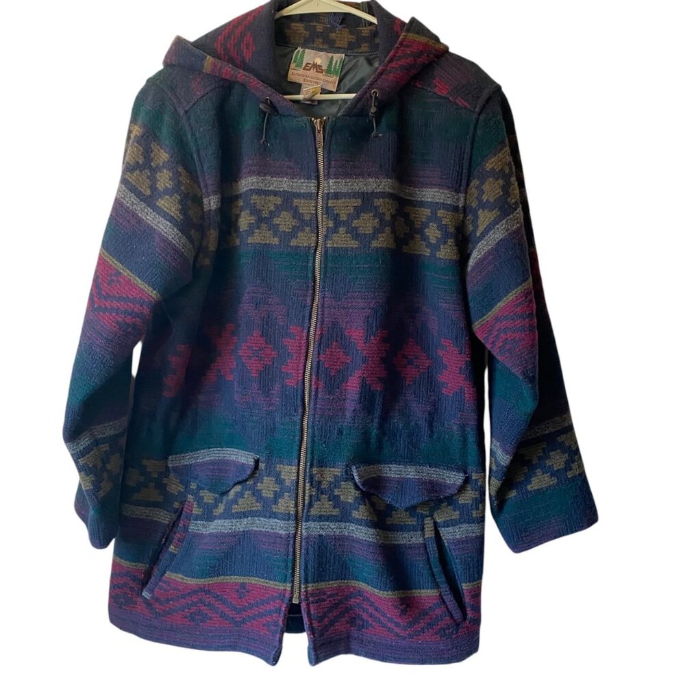Vtg Eastern Mountain Hooded Sports Jacket‎ Women M Wool Navajo Aztec Southwest